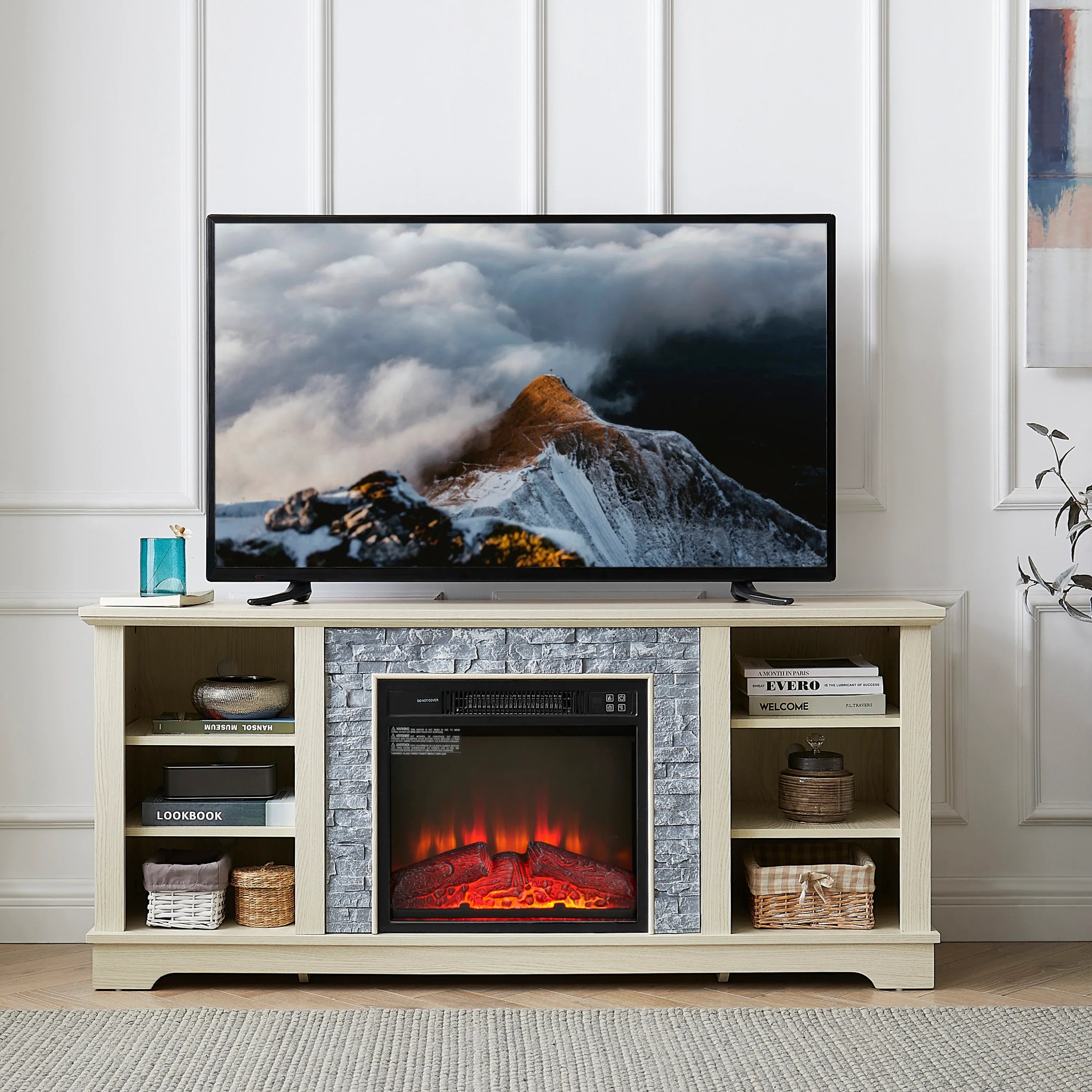 Mantel Electric Fireplace Stone TV Media Stand, Open Storage Modern Entertainment Console Space with 18' Fireplace Insert, White, 58.31'W*15.39'D*26.06'H - Eloy Royal