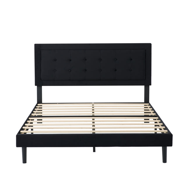 Queen Size Fabric Upholstered Platform Bed, Solid Wood Slat Support, Easy Assembly, Black
