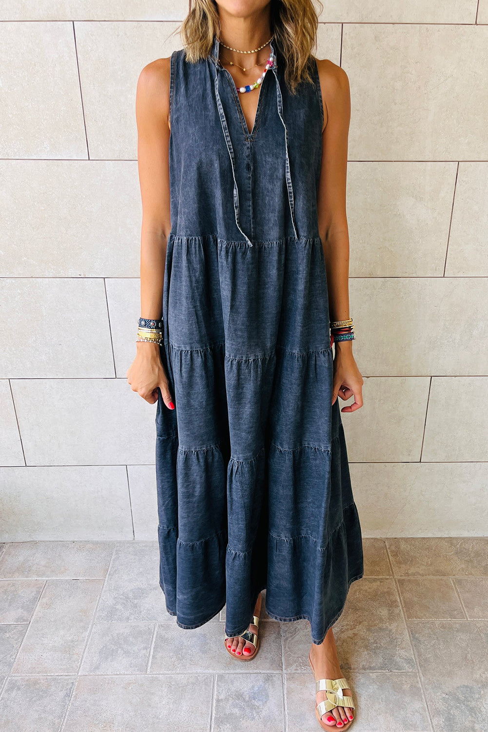 Real Teal Sleeveless Tiered Chambray Maxi Dress - Eloy Royal