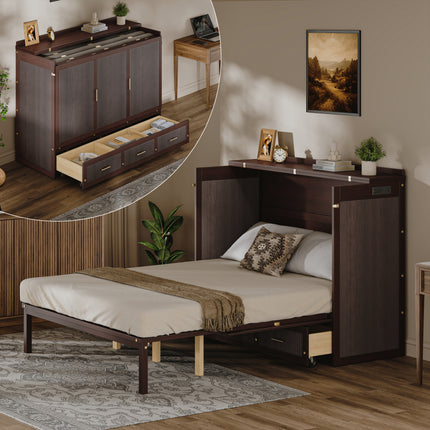 Multifunctional Murphy Bed Cabinet with USB Charging Station, Queen Size Vertical Foldaway Bed with Drawers, Space Saving Hidden Wall Bed with Safety Lock & Anti-Tip Device, Coffee.