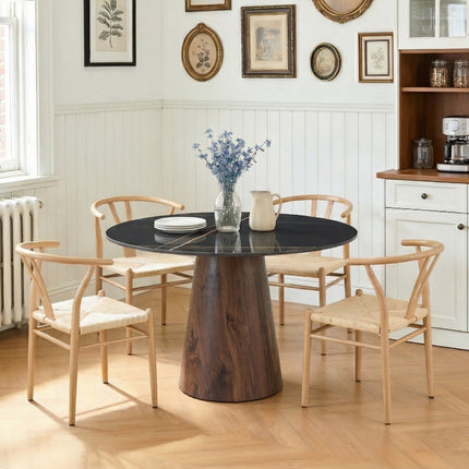 Table and chair set. A 42 inch rock slab round table, paired with four uniquely designed dining chairs with wood coloer metal legs. The table legs are made of walnut density board material.