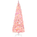 HOMCOM 7.5ft Prelit Snow Flocked Artificial Christmas Tree with Pencil Shape, Pine Realistic Branches, Warm White LED lights, Auto Open, Pink and White