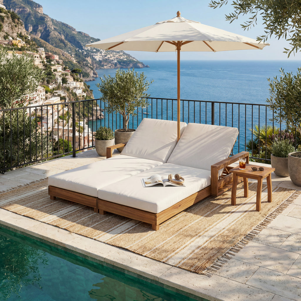 Double Acacia Wood Chaise Lounge Set, 1 Double Recliner with 2 Pieces 2-Fold Cream Cushions, 4-Position Adjustable Backrests, 4 Inch Water Resistant Cushion, 800 LBS Capacity for Patio Pool Backyard