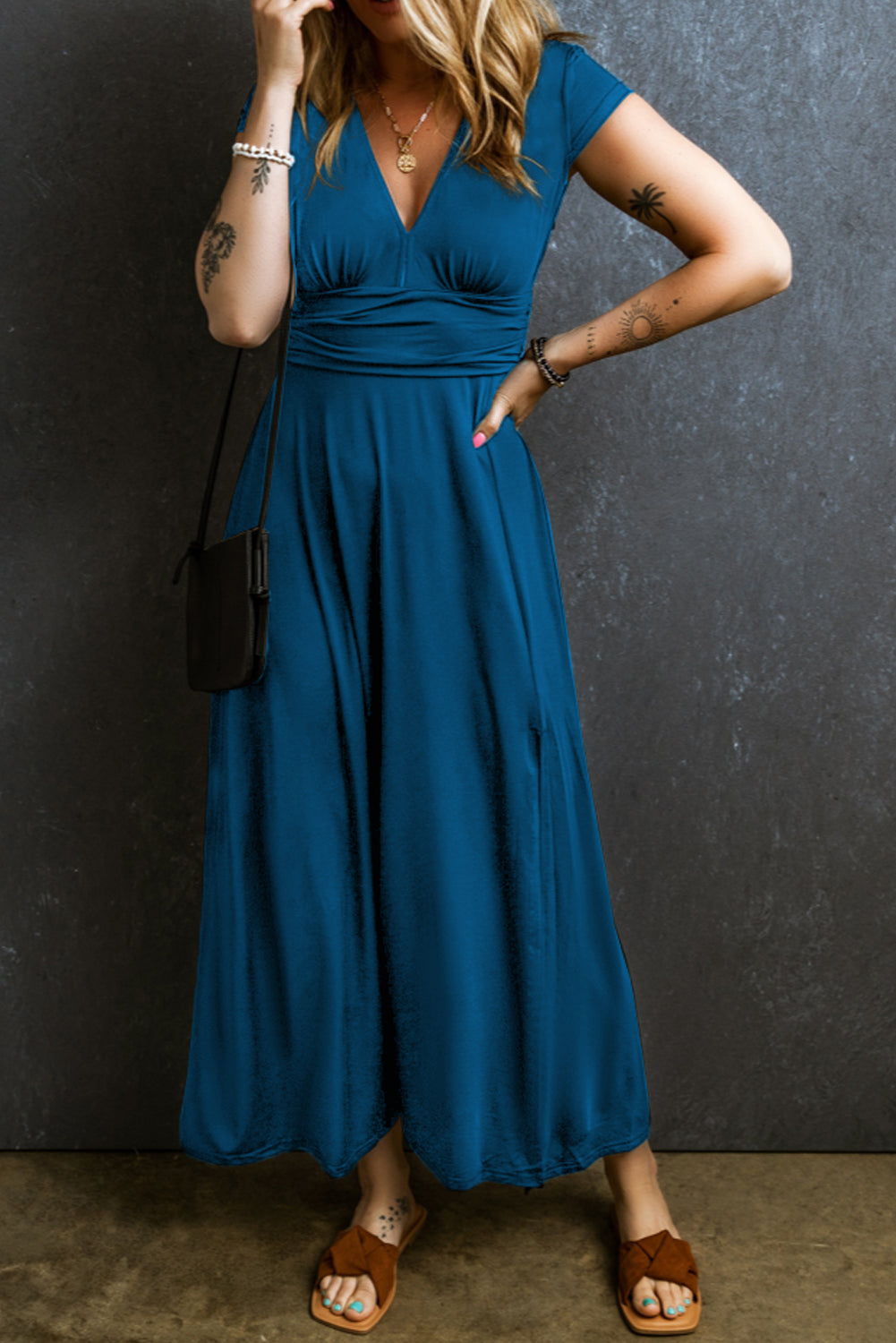 Peacock Blue Deep V Neck Ruched High Waist Maxi Dress - Eloy Royal