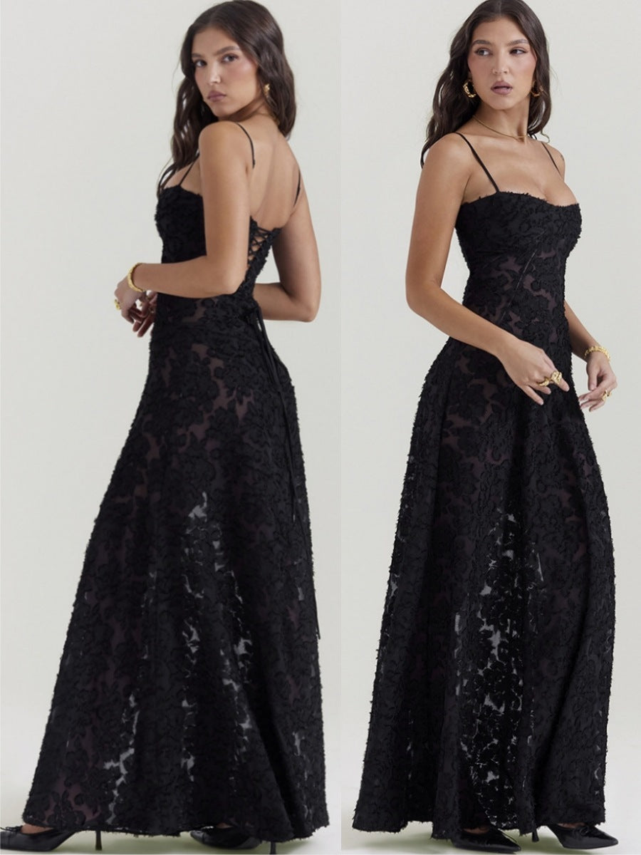 Fashion Suspender Lace Long Dress Summer Strapless Collar Elegant Evening Dresses For Women