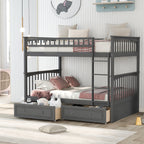 Gray Full Over Full Bunk Bed with Drawers, Convertible Design, Solid Pine Wood and MDF, 76''L x 57.4''W x 63.8''H