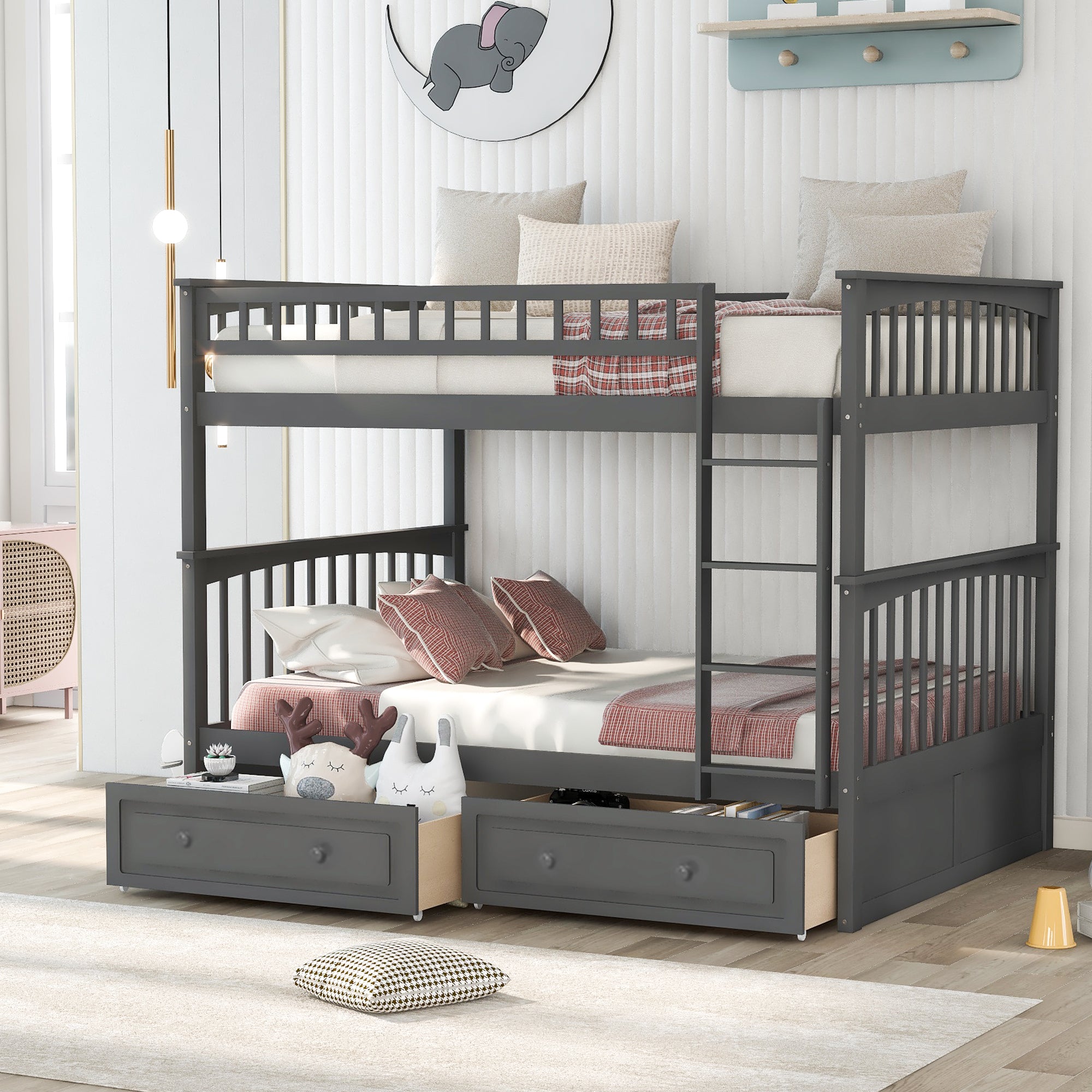Gray Full Over Full Bunk Bed with Drawers, Convertible Design, Solid Pine Wood and MDF, 76''L x 57.4''W x 63.8''H