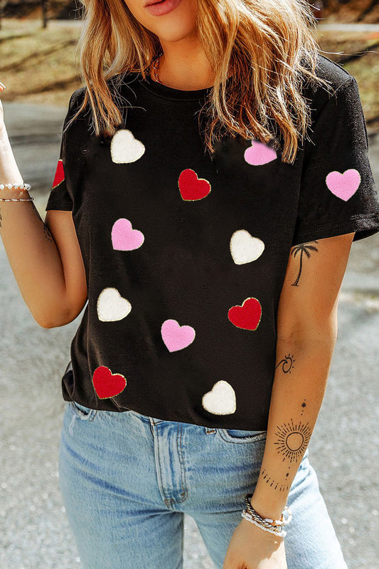 Black Valentines Chenille Heart Patched Pattern Crewneck Tee