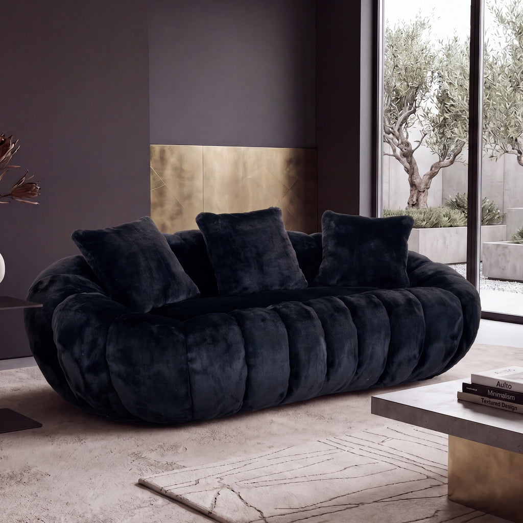 Floral-shaped sofa, ultra-soft faux fur sofa, large living room two-seater sofa, Black, two-person style