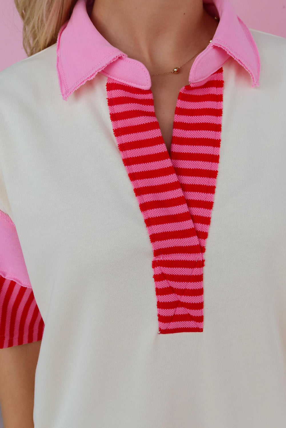 Pink Stripe Colorblock Sleeve Collared Mini Dress - Eloy Royal