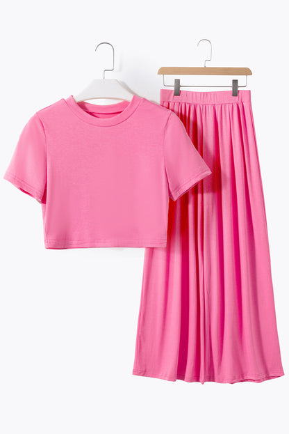 Strawberry Pink Plain Slim Fit Crop Top And Wide Leg Pants Set - Eloy Royal