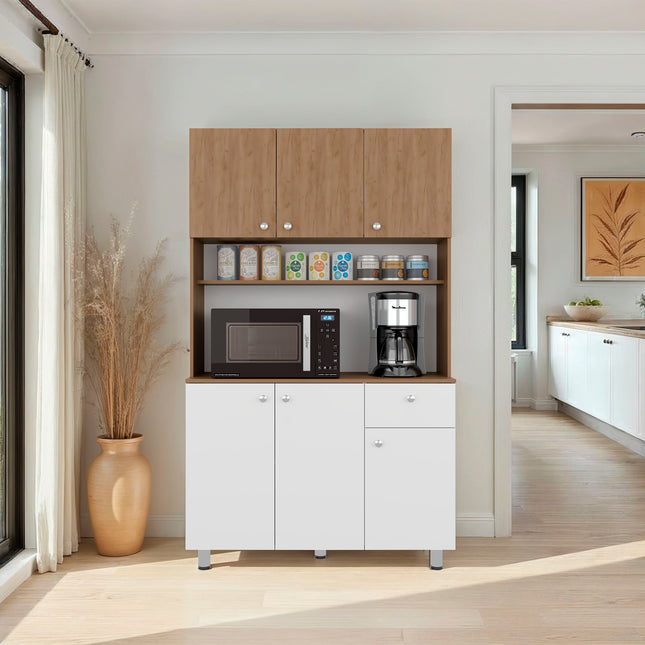 Dread Kitchen Storage Cabinet with Microwave Shelf and 3 Compartments, Natural Oak and White