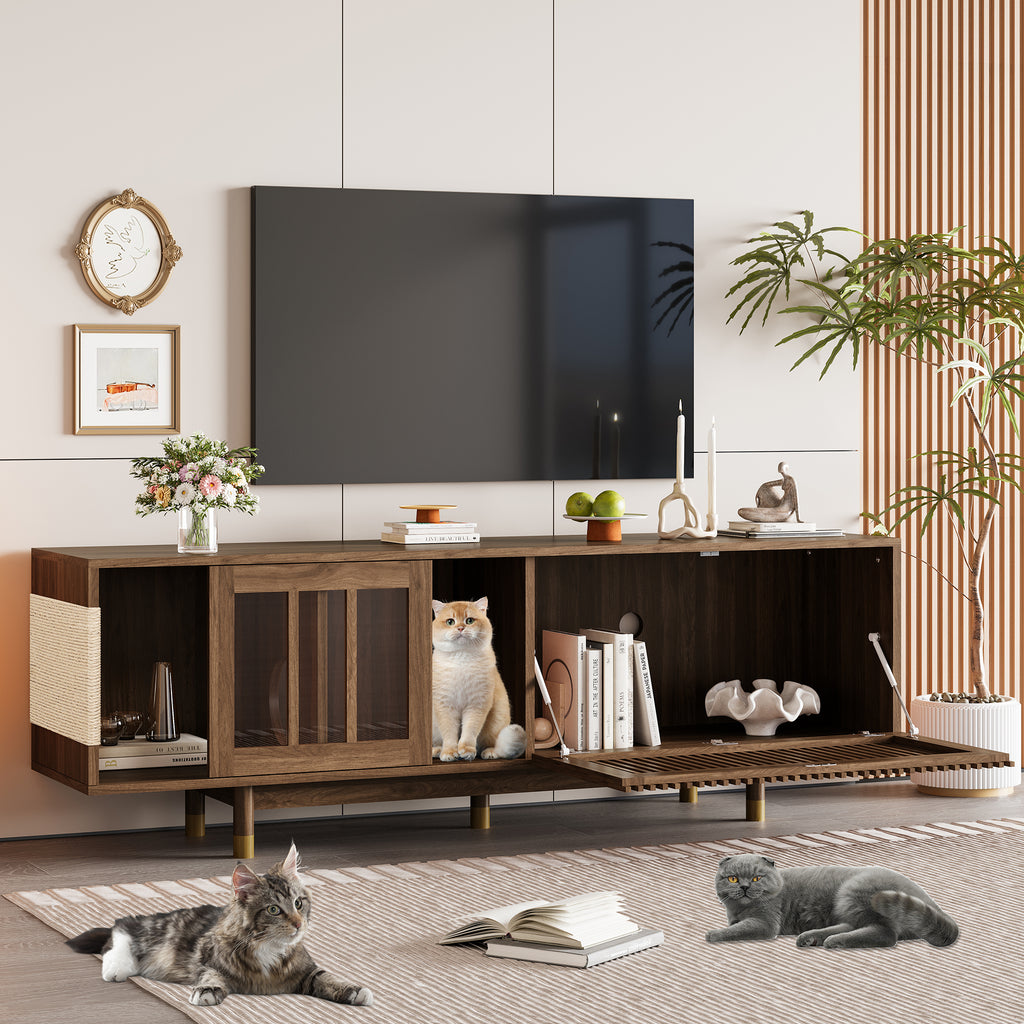 Mid-Century Modern style 2 IN 1 Cat Furniture 74' Walnut TV STAND with Sliding Flip-down glass door, Cat house Litter Box With Sisal Scratcher Board
