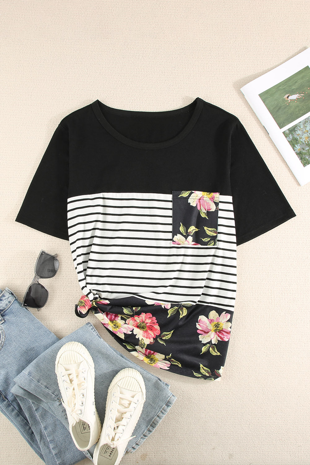 Black Stripe Floral Casual Splicing Block Plus Size Top - Eloy Royal