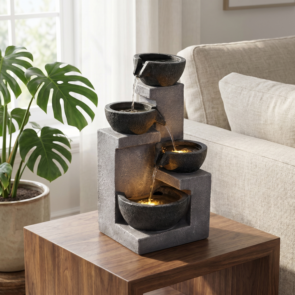 Outdoor Water Fountain 20.87', Modern 4-Tier Bowl Waterfall Fountain with Warm LED Lights, Gray Resin Cascading Water Feature, Quiet Pump for Patio Garden Porch Balcony Backyard Decor