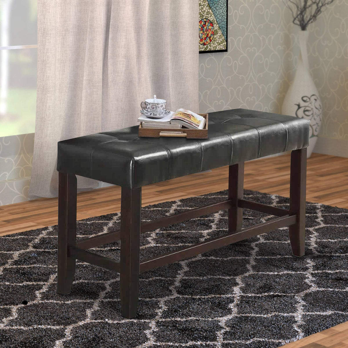 Counter Height 1pc Bench Dining Room Black Faux Leather Cushion Tufted Seat Wooden Base Comfort Seat Kitchen Dining