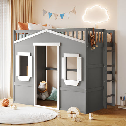 Twin Size House Loft Bed With Ladder-Gray+White Frame(OLD SKU:LT000335AAN)