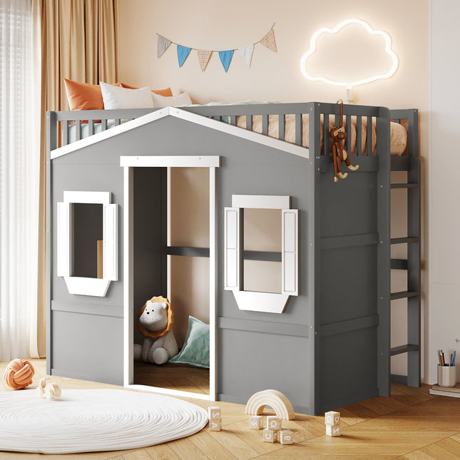 Twin Size House Loft Bed With Ladder-Gray+White Frame(OLD SKU:LT000335AAN)