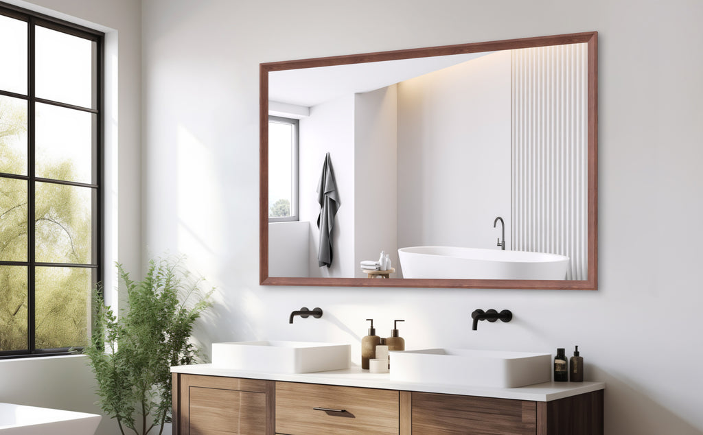 60'x40' Oversized Modern Rectangle Bathroom Mirror with walnut  Frame Decorative Large Wall Mirrors for Bathroom Living Room Bedroom Vertical or Horizontal Wall Mounted mirror with Aluminum Frame