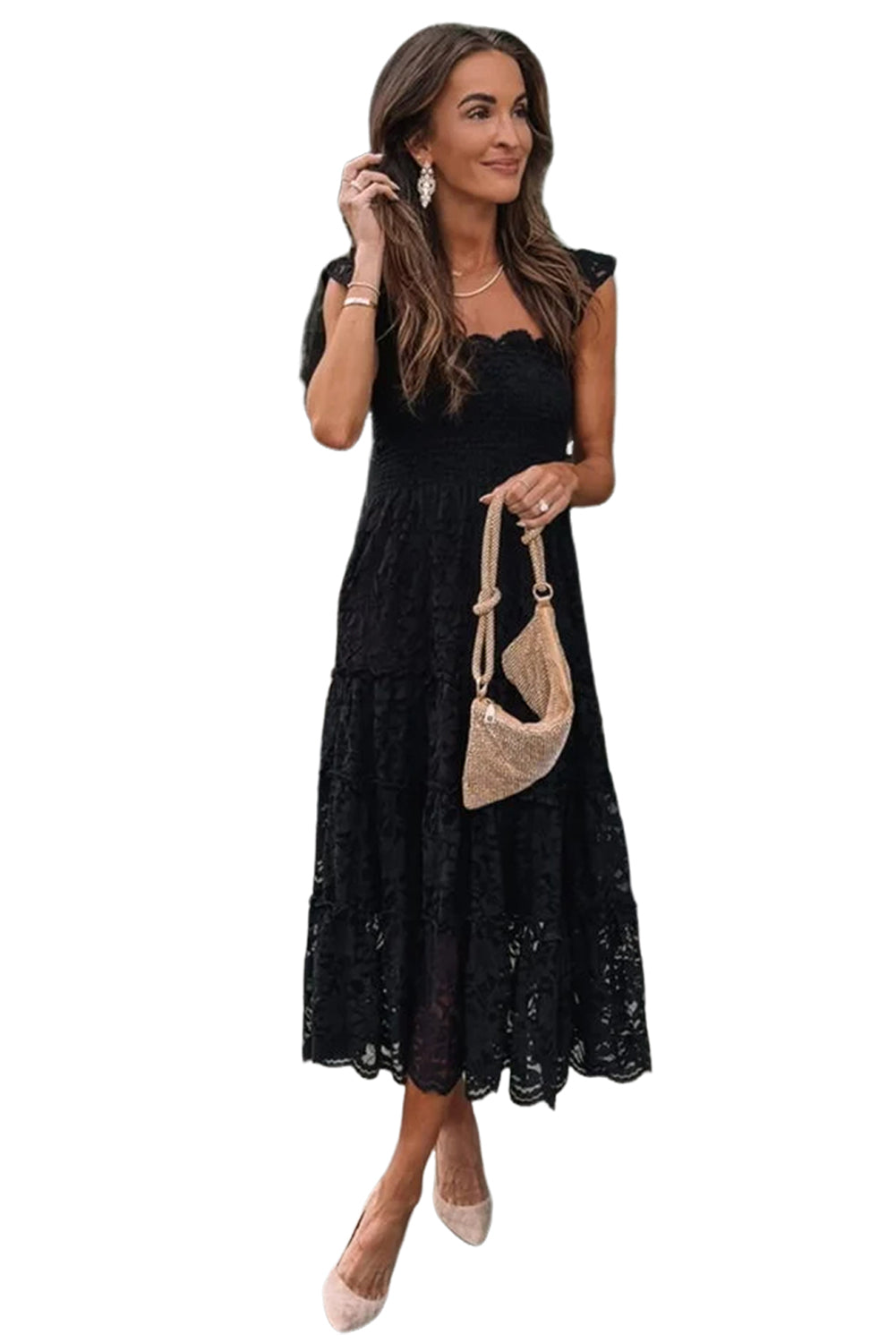 Black Lace Smocked Bodice Sleeveless Midi Dress - Eloy Royal