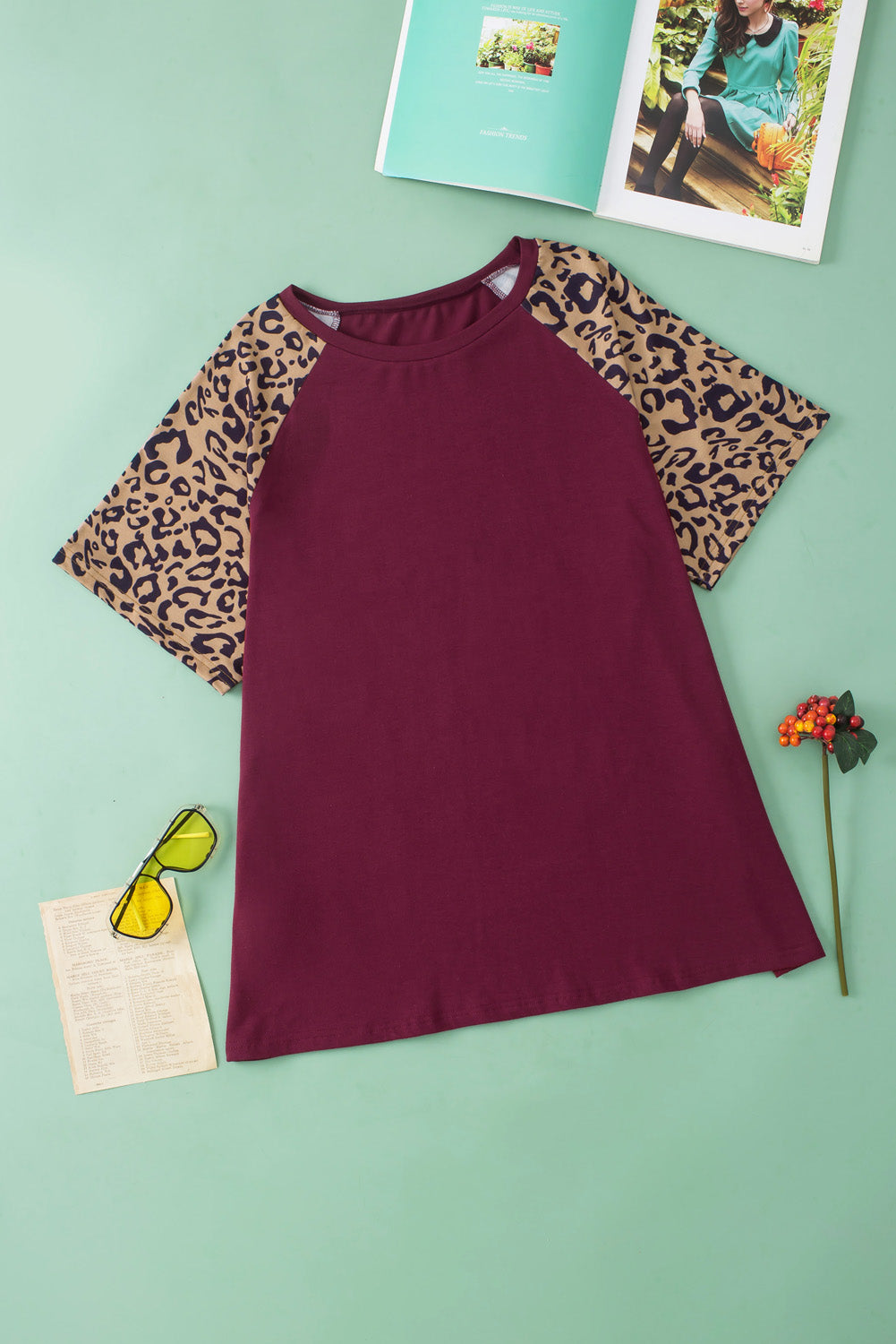 Burgundy Contrast Leopard Raglan Sleeve Plus Size T-shirt - Eloy Royal