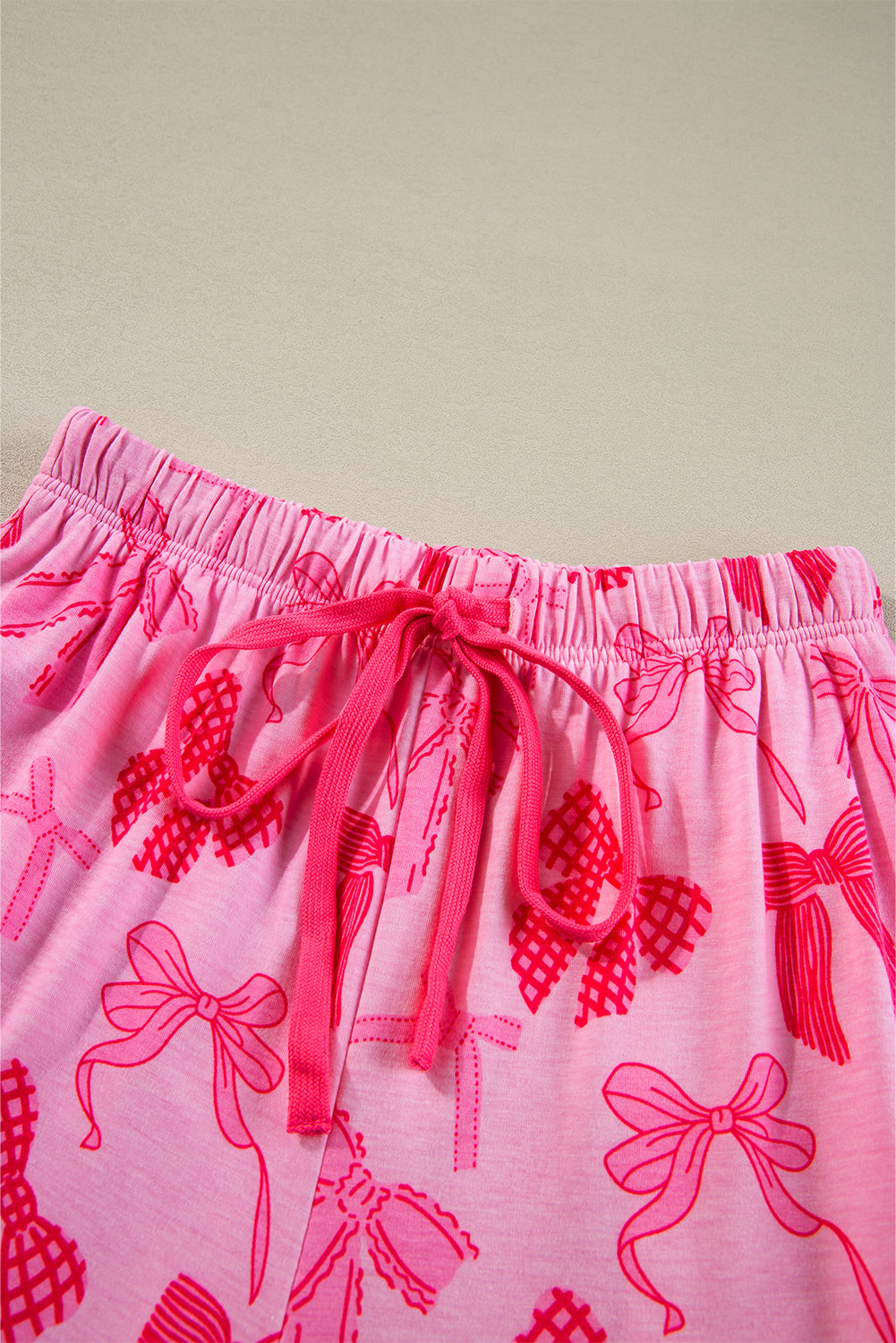 Pink Bow Knot Print Lapel Collar Short Sleeve and Pants Pajamas Set