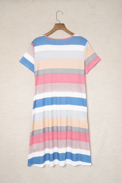 Multicolor Striped Casual Pocket Color Block T Shirt Dress - Eloy Royal