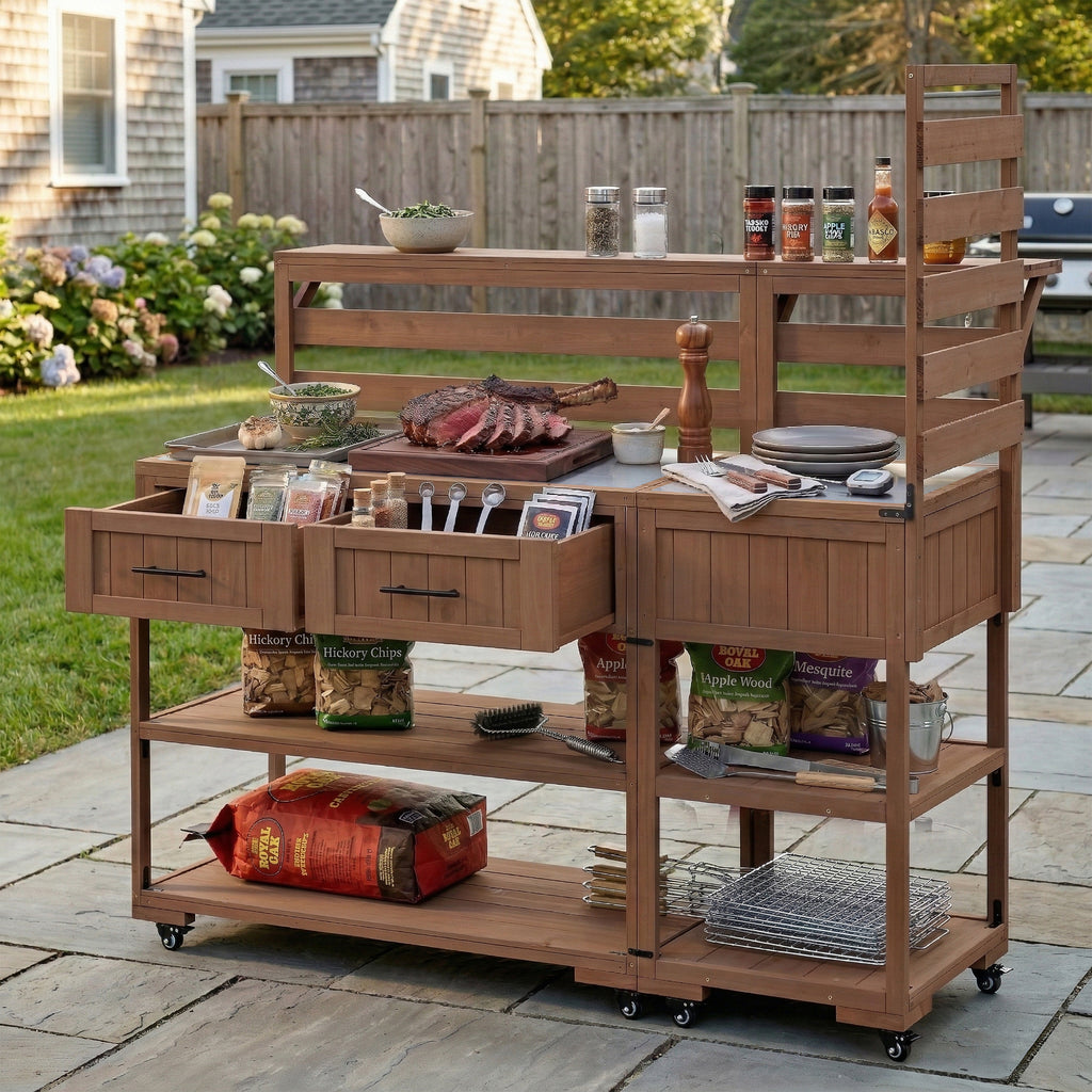 (With Assembly Video) TOPMAX 62.3'' Patio Kitchen Island Solid Wood Kitchen Cart with Stainless Table Top, Garden Potting Bench with Raised Shelf and Drawers, Grill Prep Table for BBQ, Party, Brown