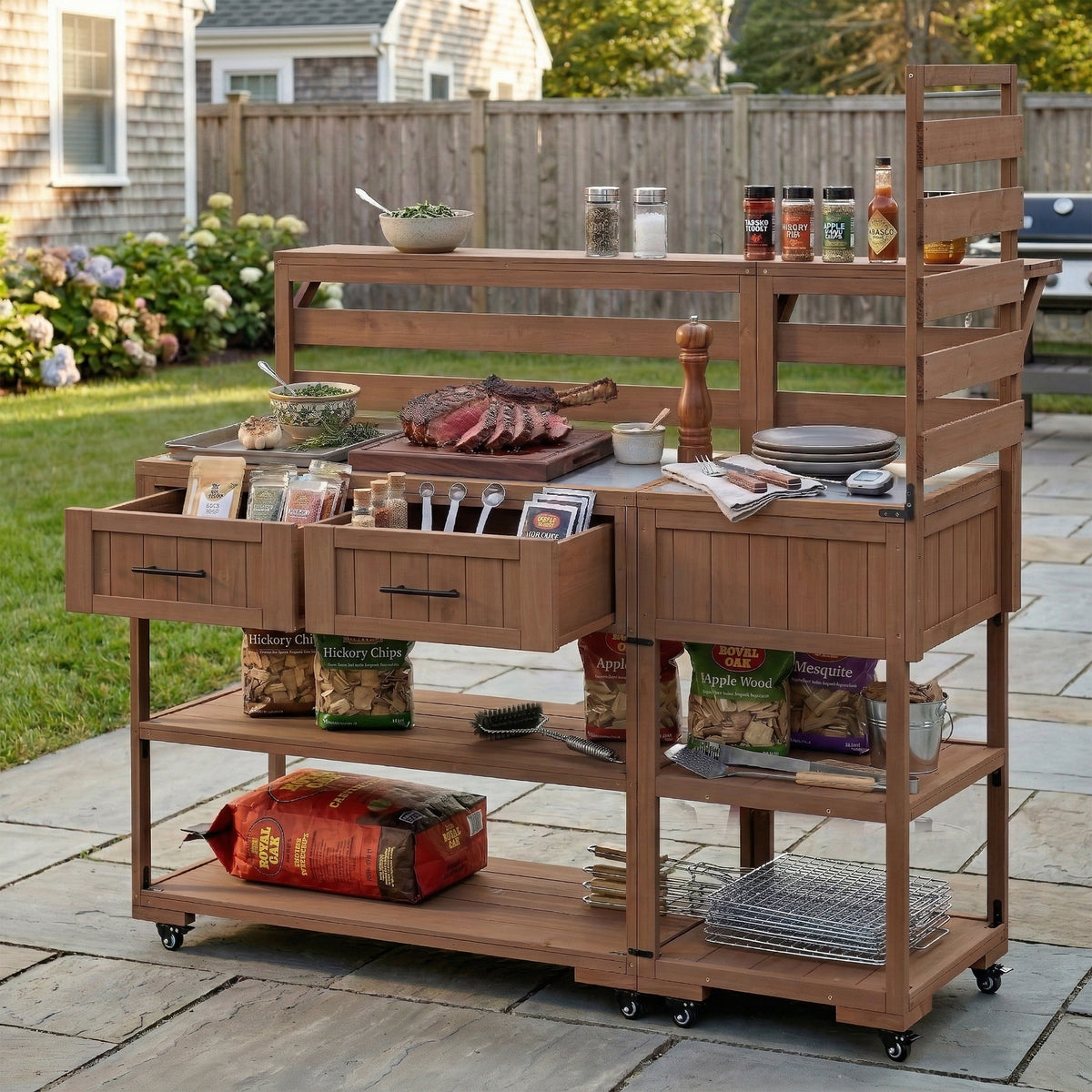 (With Assembly Video) TOPMAX 62.3'' Patio Kitchen Island Solid Wood Kitchen Cart with Stainless Table Top, Garden Potting Bench with Raised Shelf and Drawers, Grill Prep Table for BBQ, Party, Brown