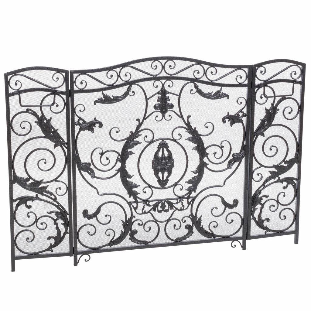 Mariella Traditional Floral Iron Fireplace Screen with Ornate Design in Black Brushed Silver Finish