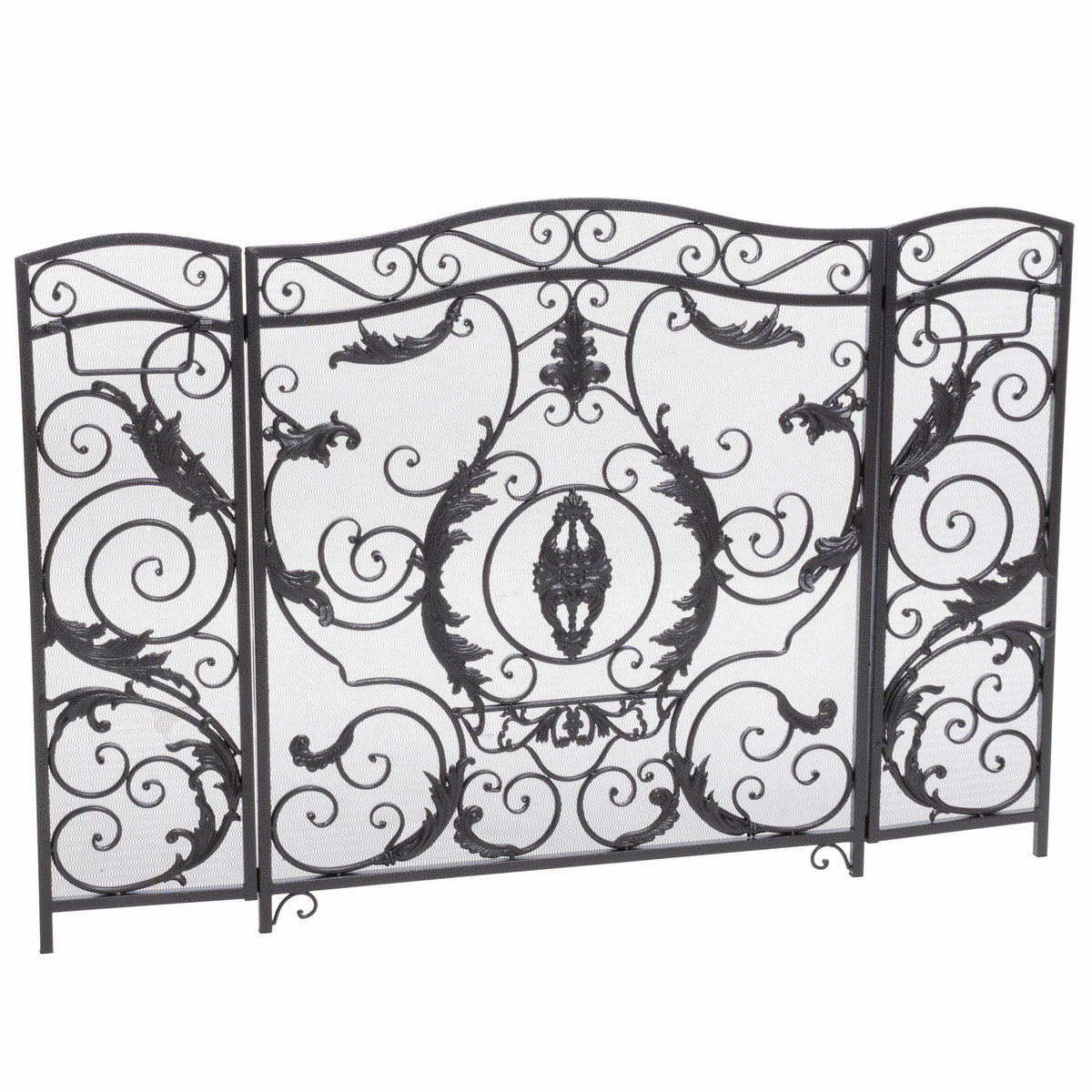 Mariella Traditional Floral Iron Fireplace Screen with Ornate Design in Black Brushed Silver Finish