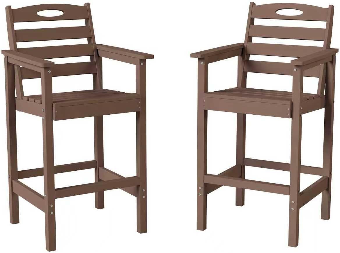 Barstools, Tall Adirondack Chairs Set of 2, Bar Height Outdoor Chairs-HDPE, Oversize, All-Weather, Brown