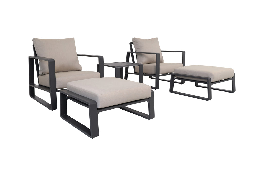 5-piece Outdoor Aluminum Patio Seating Set With 2 Club Chairs, 2 Ottomans, And End Table With Beige Cushion