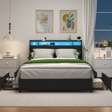Queen Bed Frame with Ergonomic Headboard, Platform Bed Frame Queen Size with Outlets & Charger & LED Light, Metal Bed Frame Queen Size with Storage Shelf, Noise-Free, No Box Spring Needed