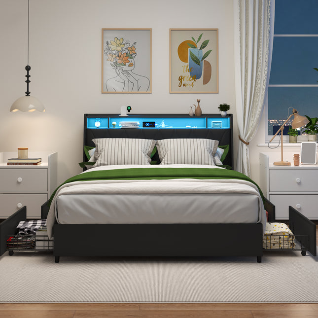 Queen Bed Frame with Ergonomic Headboard, Platform Bed Frame Queen Size with Outlets & Charger & LED Light, Metal Bed Frame Queen Size with Storage Shelf, Noise-Free, No Box Spring Needed