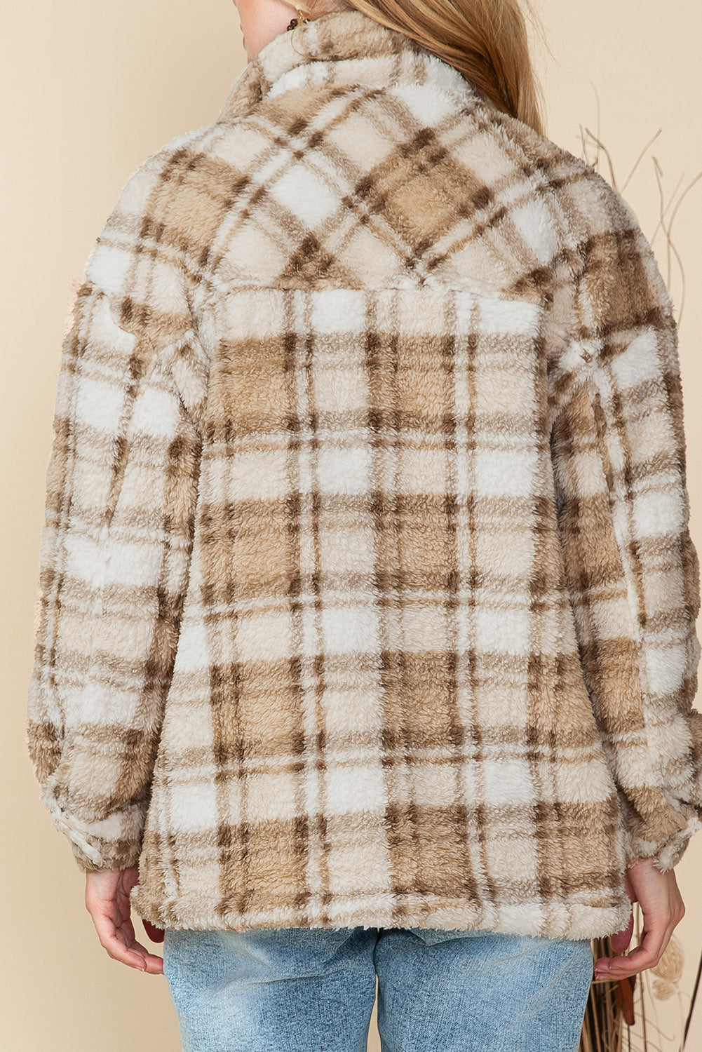 Khaki Sherpa Plaid Button Pocketed Jacket - Eloy Royal