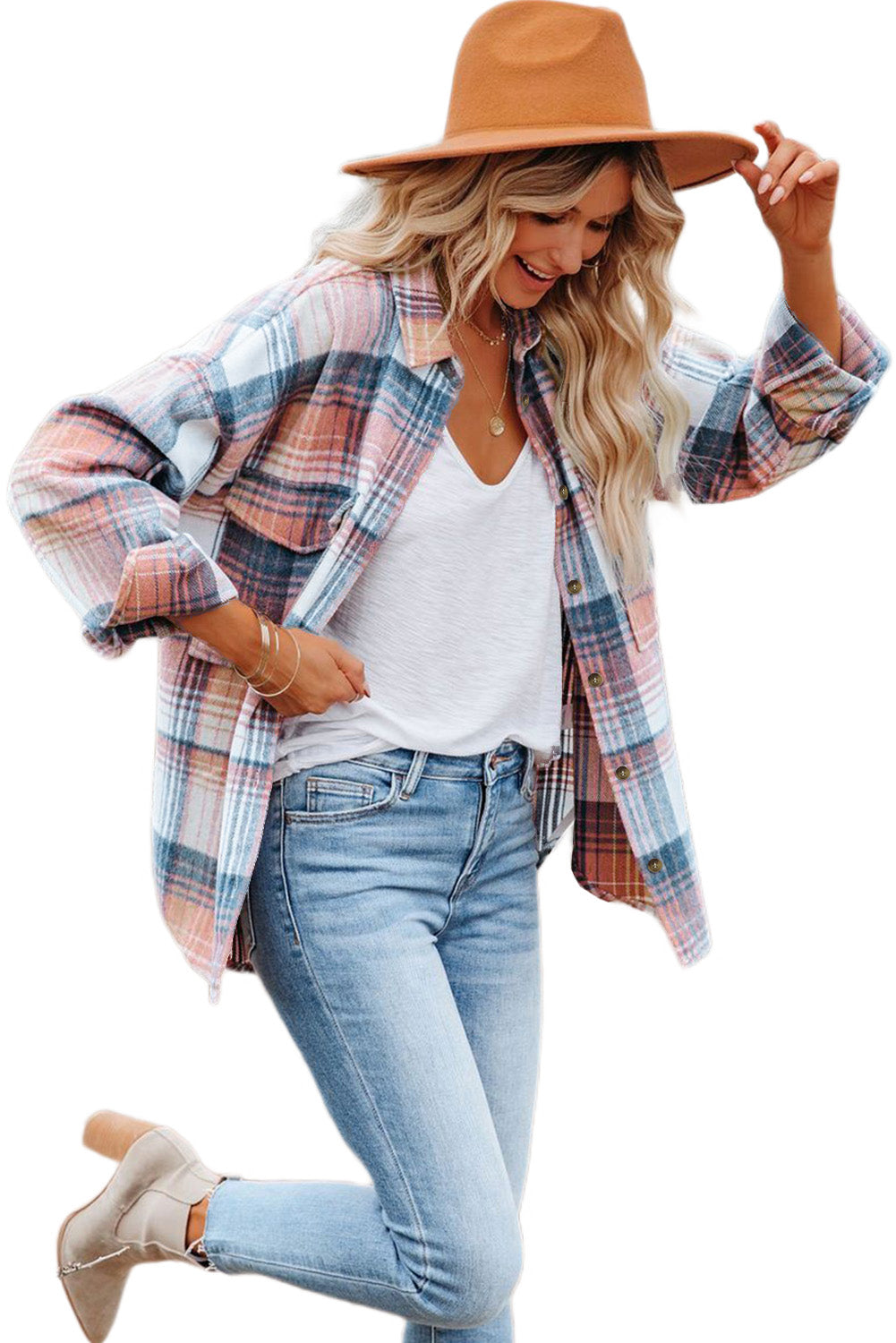 Pink & Grey Plaid Button Up Collared Flannel Shacket - Eloy Royal