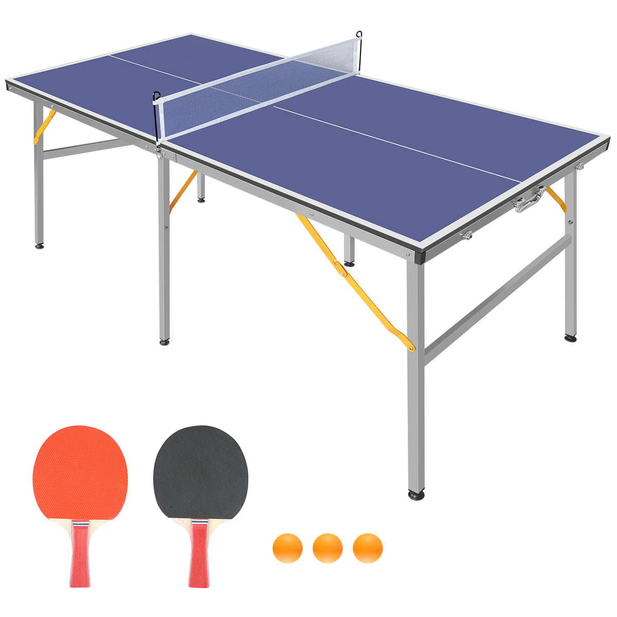 6ft Blue Mid-Size Table Tennis Table Foldable & Portable Ping Pong Table Set for Indoor & Outdoor Games with Net, 2 Table Tennis Paddles and 3 Balls