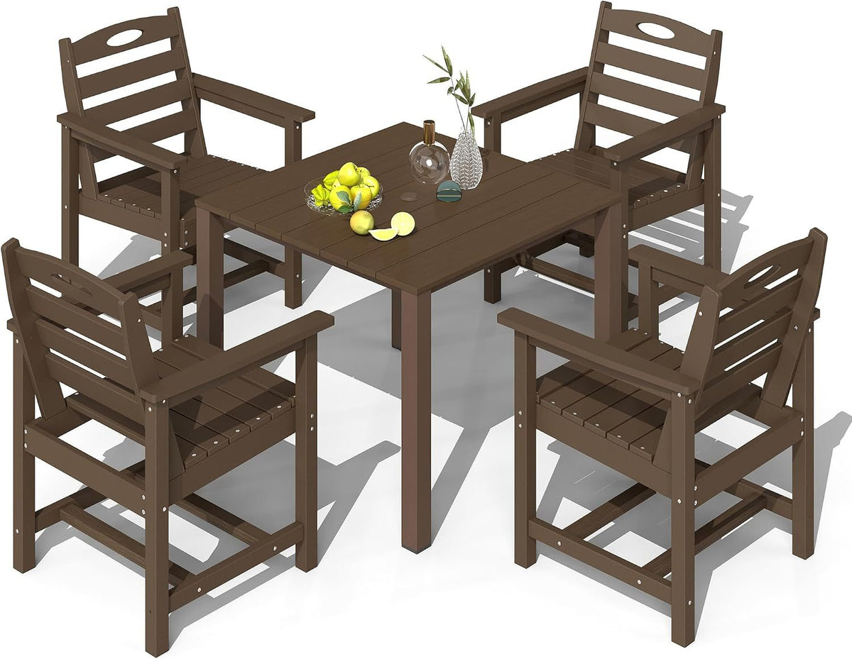HDPE Outdoor Dining Set, All-Weather Outdoor Dining Table Set of 5 with 2' Umbrella Hole, Outdoor Patio Dining Set for Garden, Poolside, Backyard, Deck, Brown