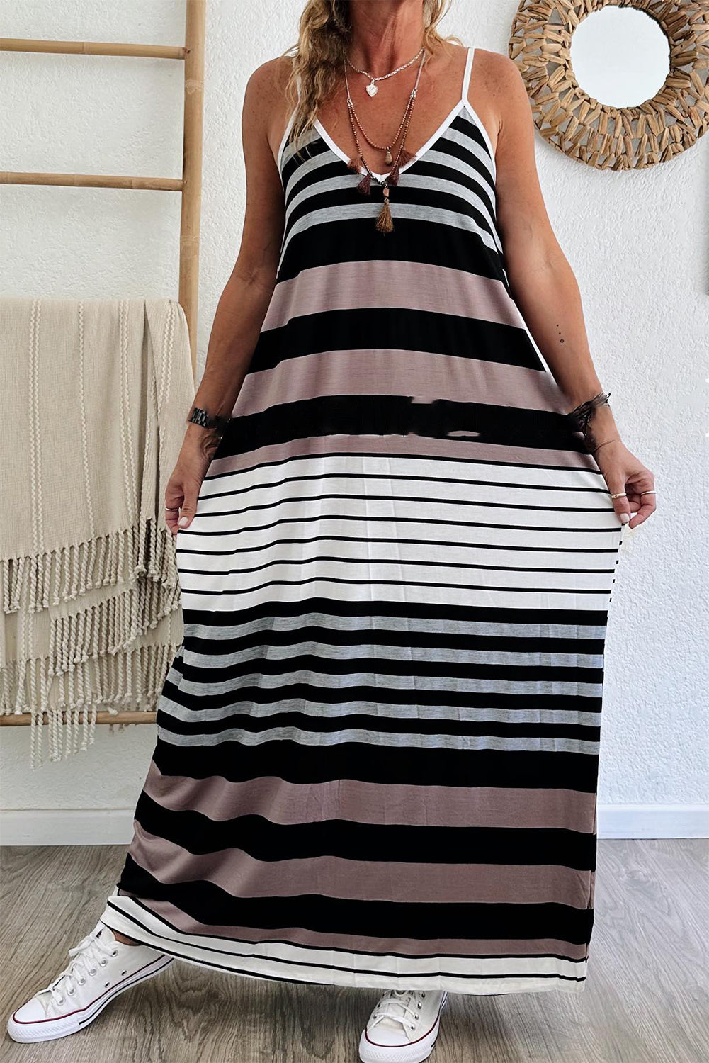 Multicolour Stripes Spaghetti Straps V Neck Maxi Dress - Eloy Royal