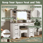 47.2' Farmhouse Makeup Vanity Desk with Sliding Mirror, Large Vanity Set with LED Lights, Dressing Table with Storage Stool and 9 Drawers, Ample Storage, White and Brown - Eloy Royal