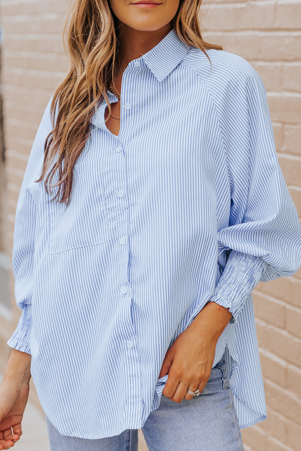 Light Blue Striped Casual Shirred Cuffs Shirt - Eloy Royal