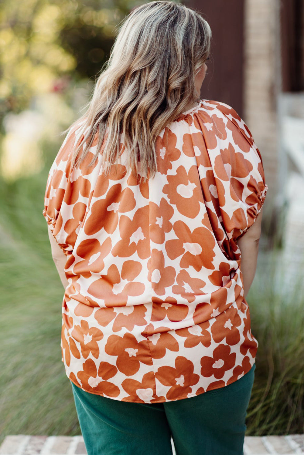 Orange Plus Size 60s Floral Print Drawstring V Neck Short Sleeve Blouse - Eloy Royal