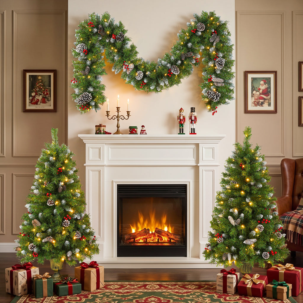 Pre-lit Xmas Tree Artificial Christmas 3-Piece Set, Garland and Set of 2 Entrance Trees X-mas with LED Lights, Christmas Tree