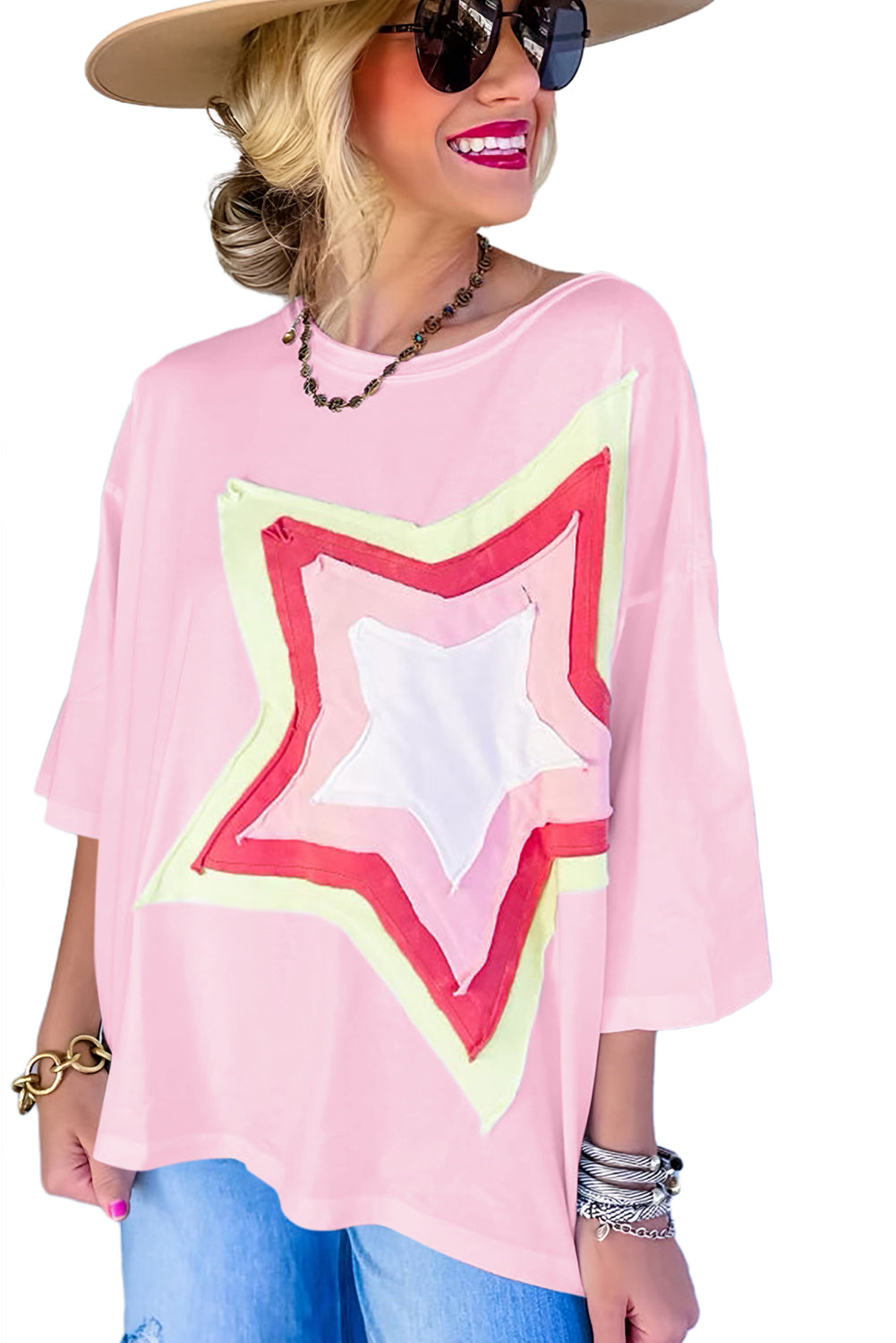 Light Pink Colorblock Star Patched Half Sleeve Oversized Tee - Eloy Royal