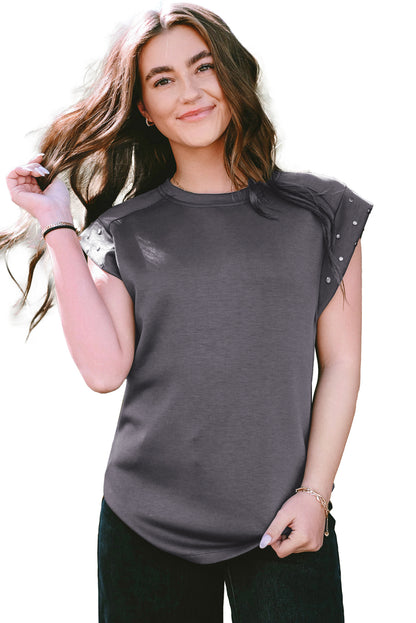 Dark Grey Casual Studded Round Neck T Shirt - Eloy Royal