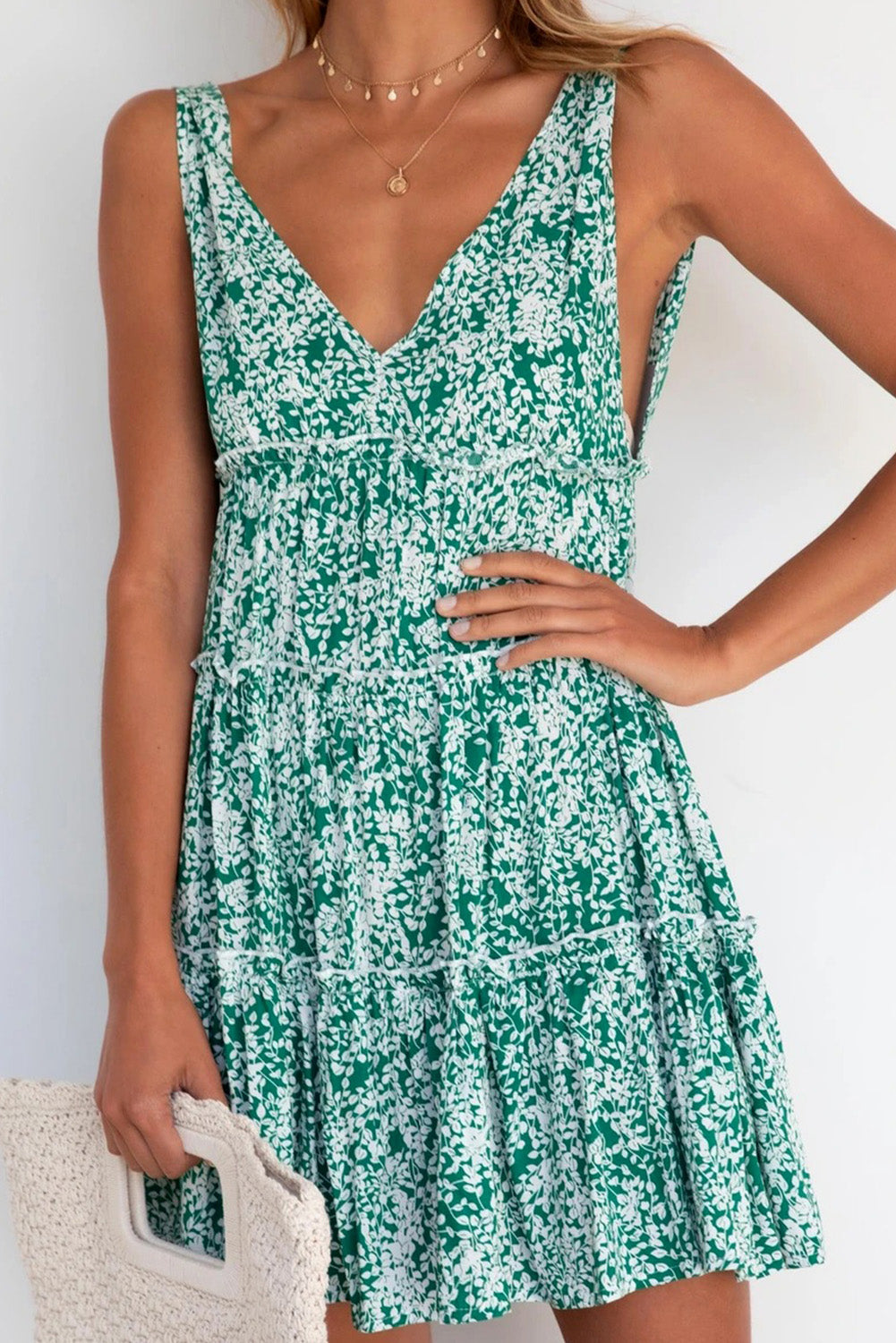 Evergreen Sleeveless Leaf Print V Neck Backless A Line Short Dress - Eloy Royal