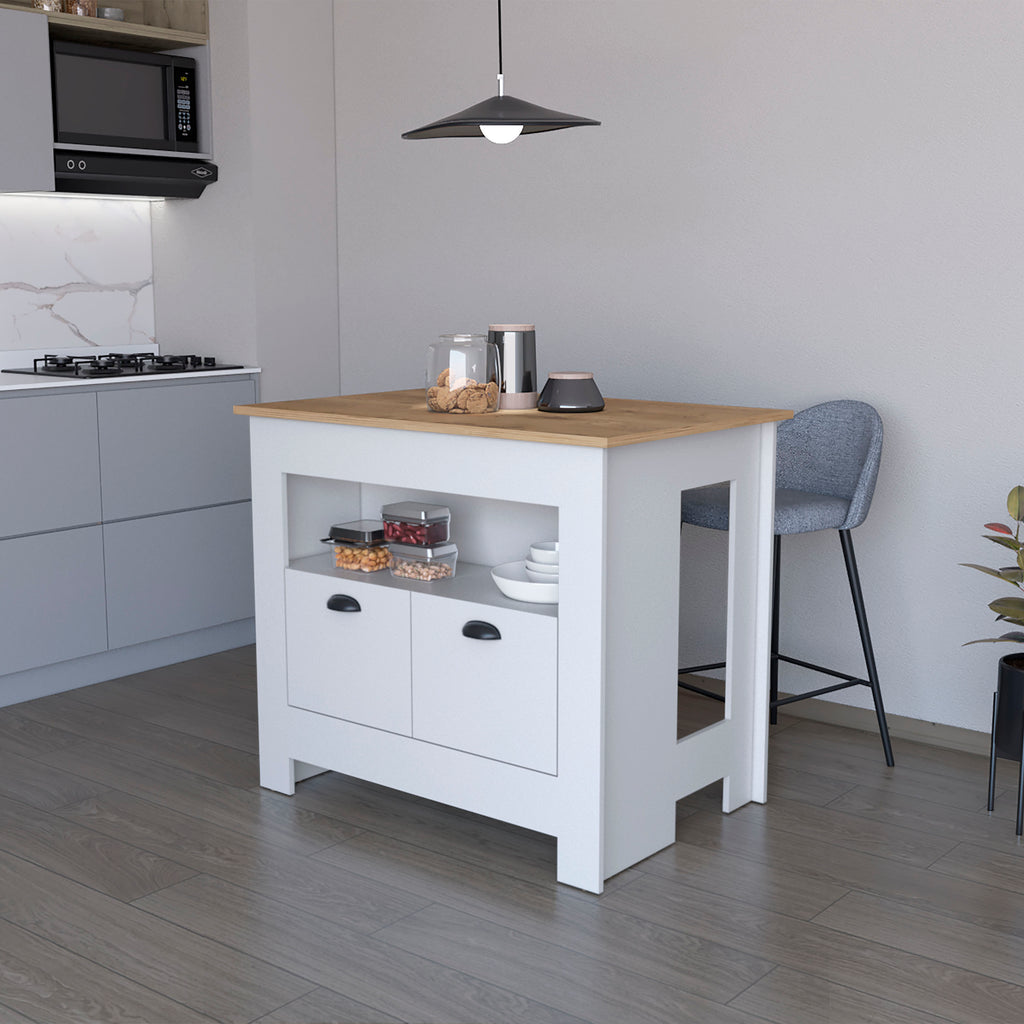 Theba Kitchen Island, whit  2 doors, 3 shelves