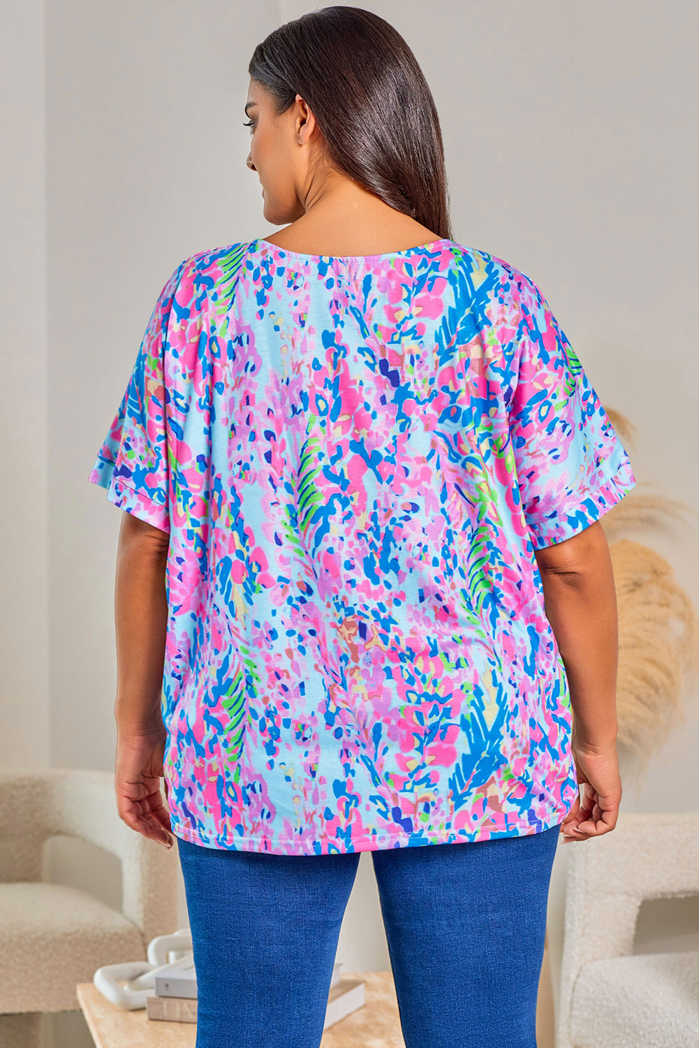 Sky Blue Plus Size Plant Print V Neck T-shirt - Eloy Royal