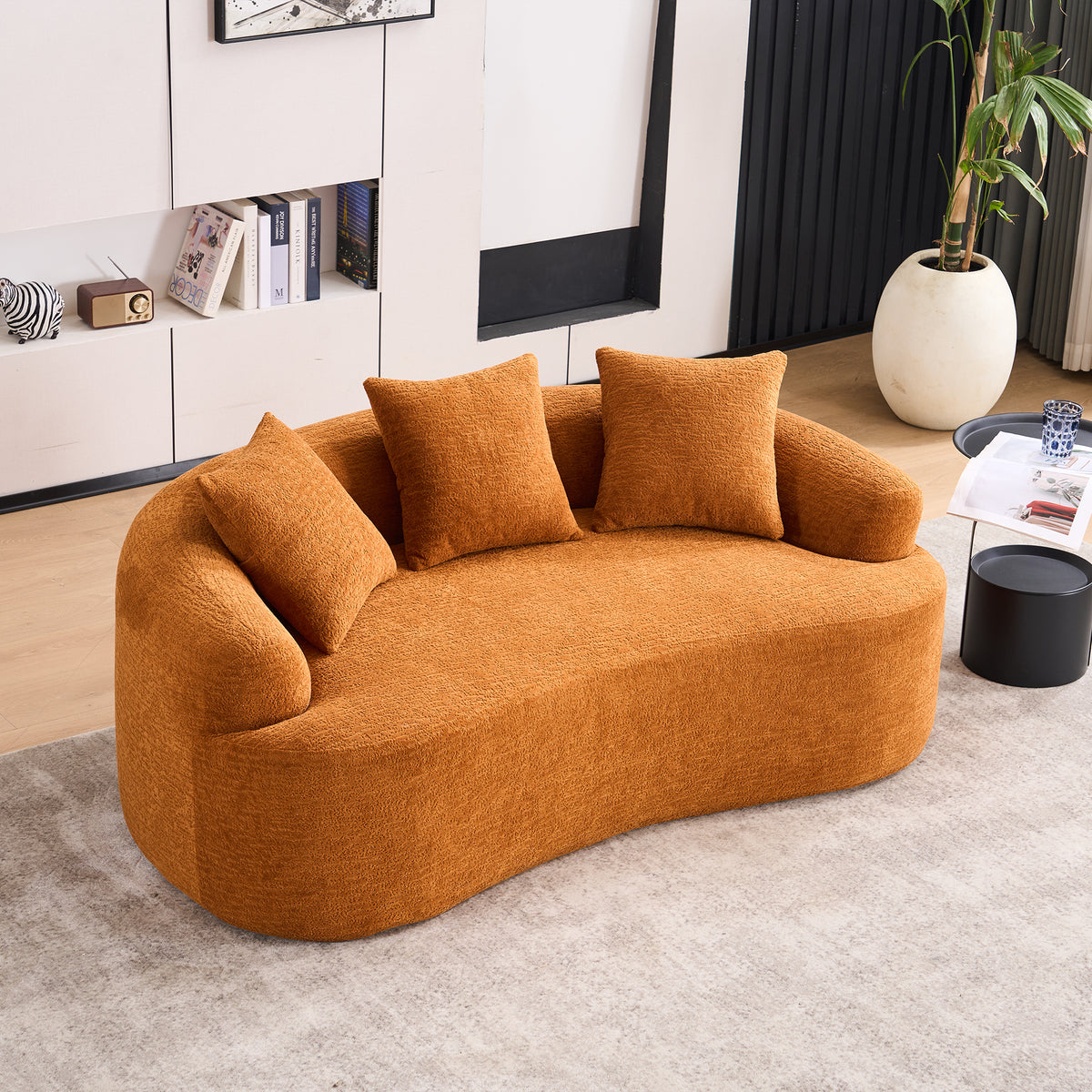 Old Sku: W2231P261292 LY-025S Curved Loveseat Orange Full Compression Sponge Sofa, 30D Chenille No-Assembly Compact Sofa for Small Spaces & Apartments, 65'L, 300 lbs, 3 Pillows